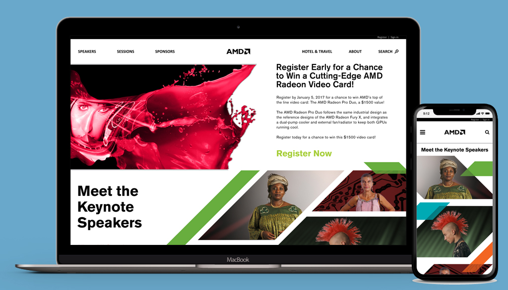 Cvent site builder design examples: AMD landing page, hero image on laptop and mobile