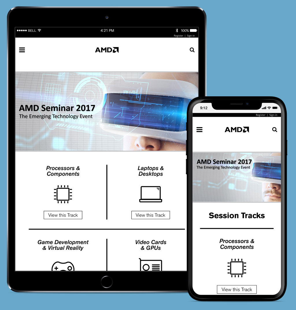 Cvent site builder design examples: AMD event tracks on tablet and mobile