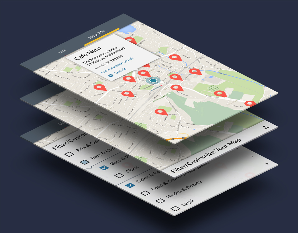 Lanyon app: Map screens displaying the map, Near Me locations and map filters