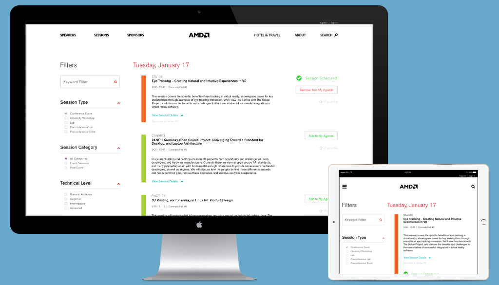 Cvent site builder design examples: AMD session list on monitor and tablet
