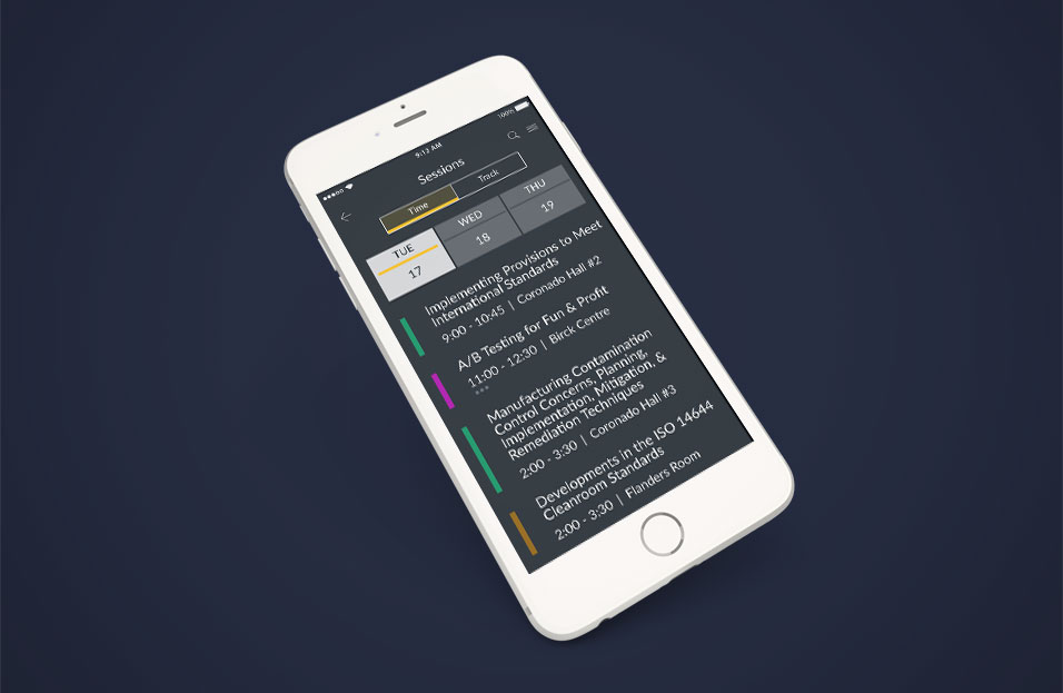 Lanyon app: White iPhone displaying a list of sessions