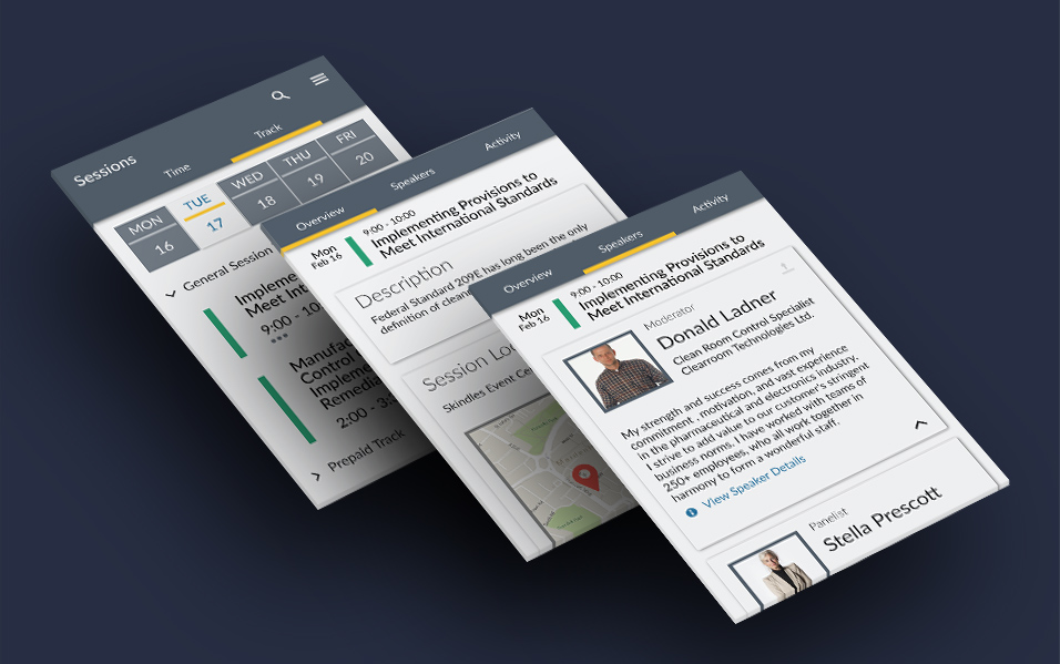 Lanyon app: App screens displaying the Session List, Session Details, and Speaker Details