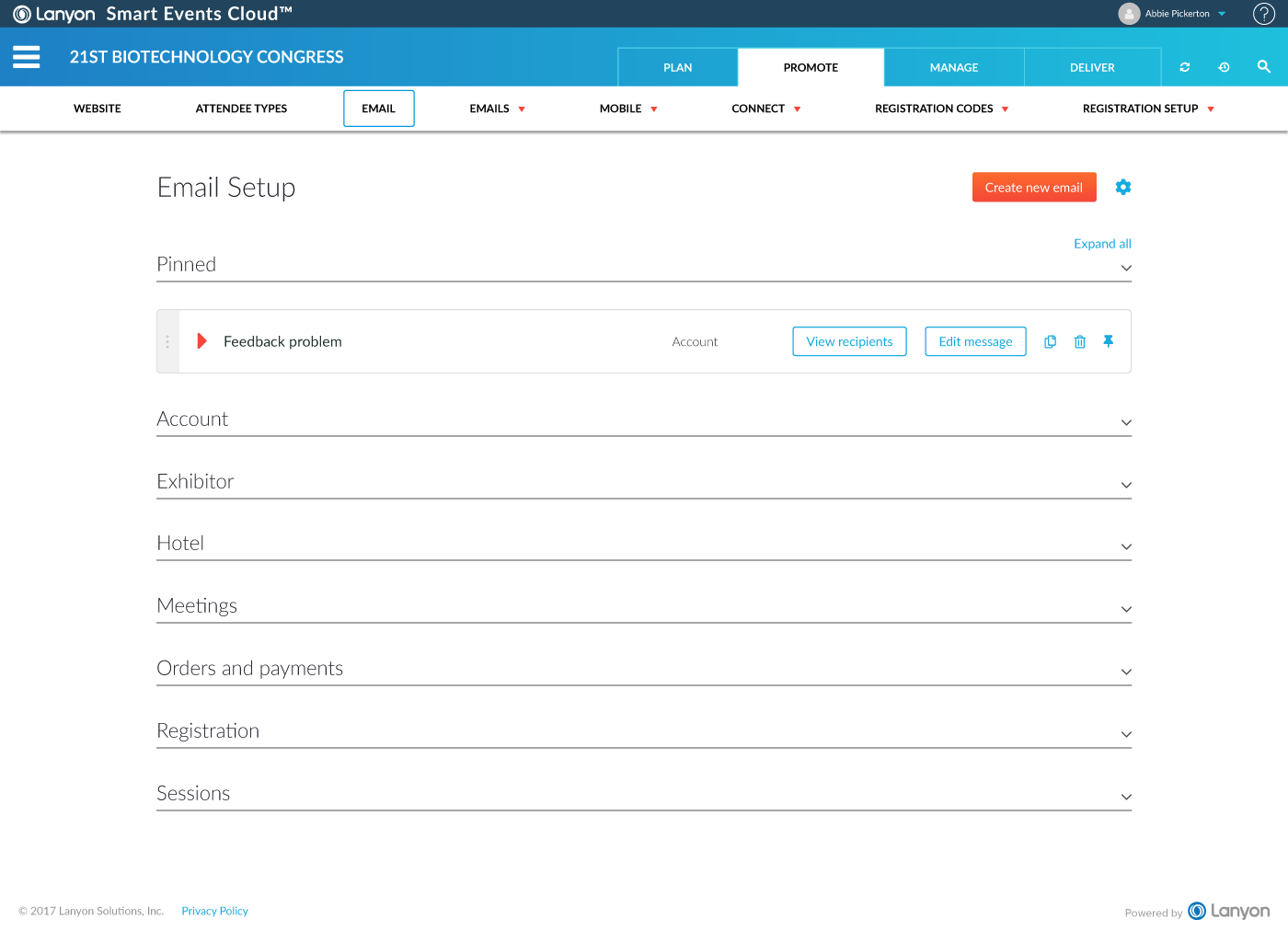 Cvent: Automatically generated email default page, sections collapsed