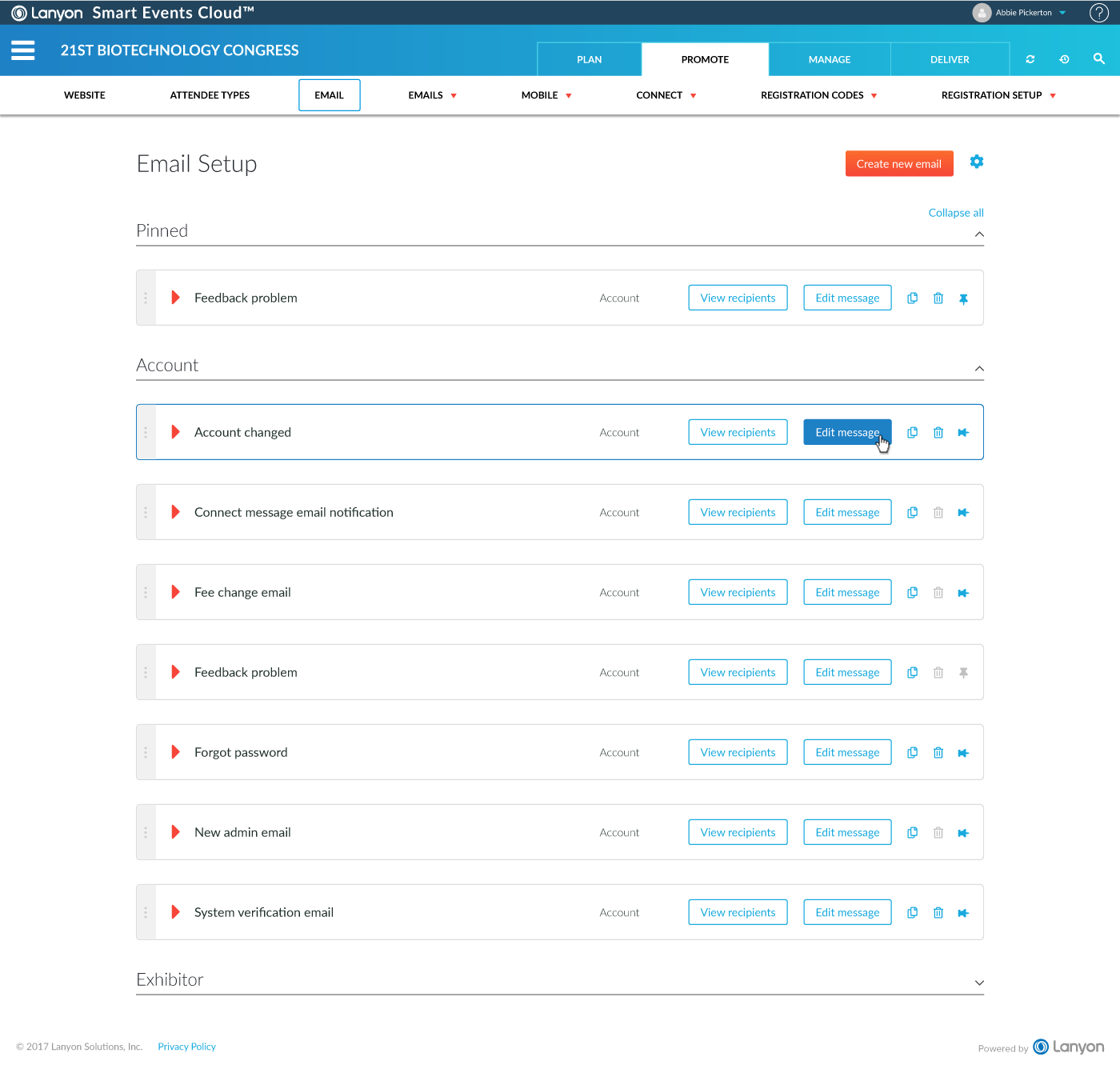 Cvent: Automatically generated email default page, section expanded