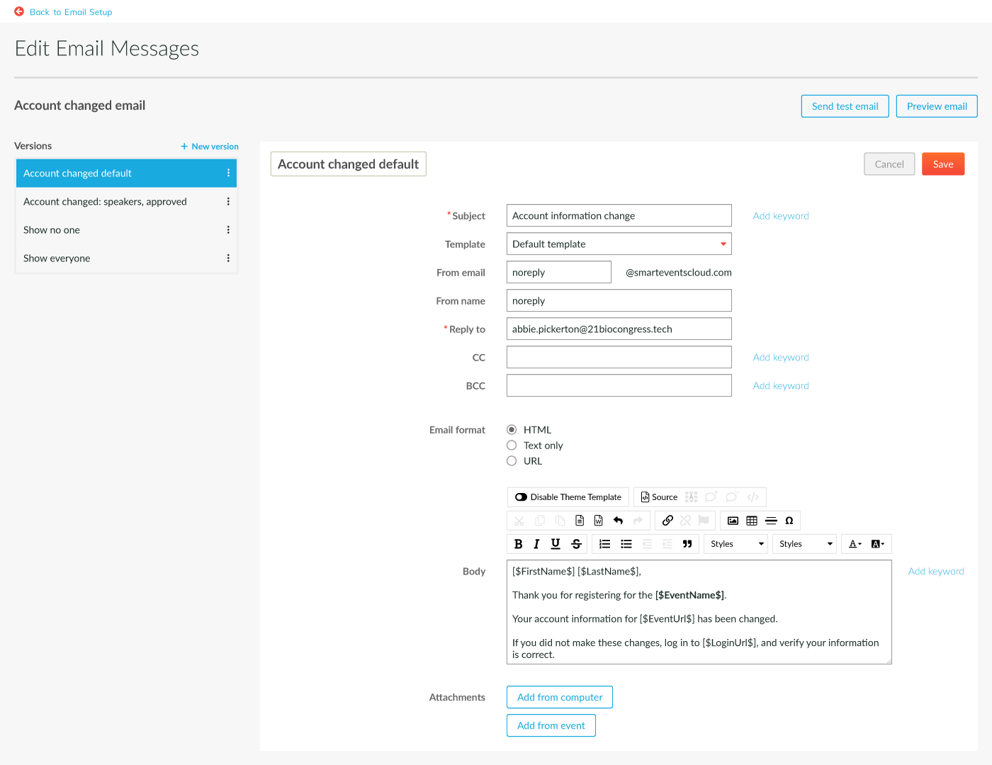 Cvent: Edit automatically generated email message