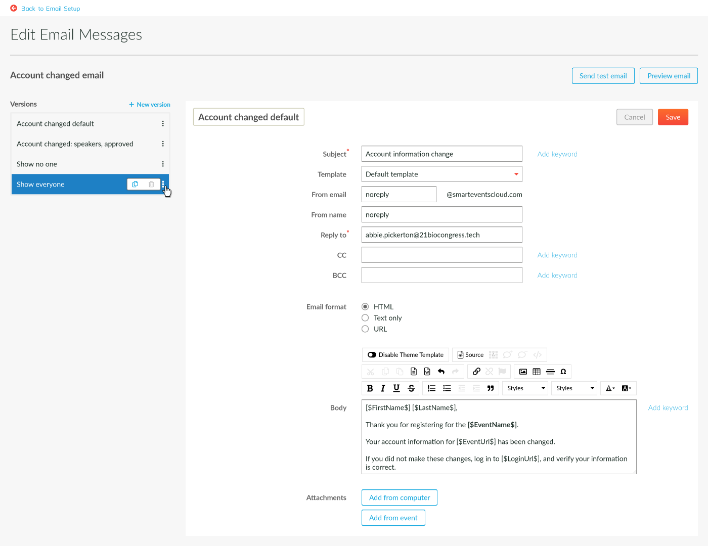 Cvent: Edit automatically generated email message, version menu hover state
