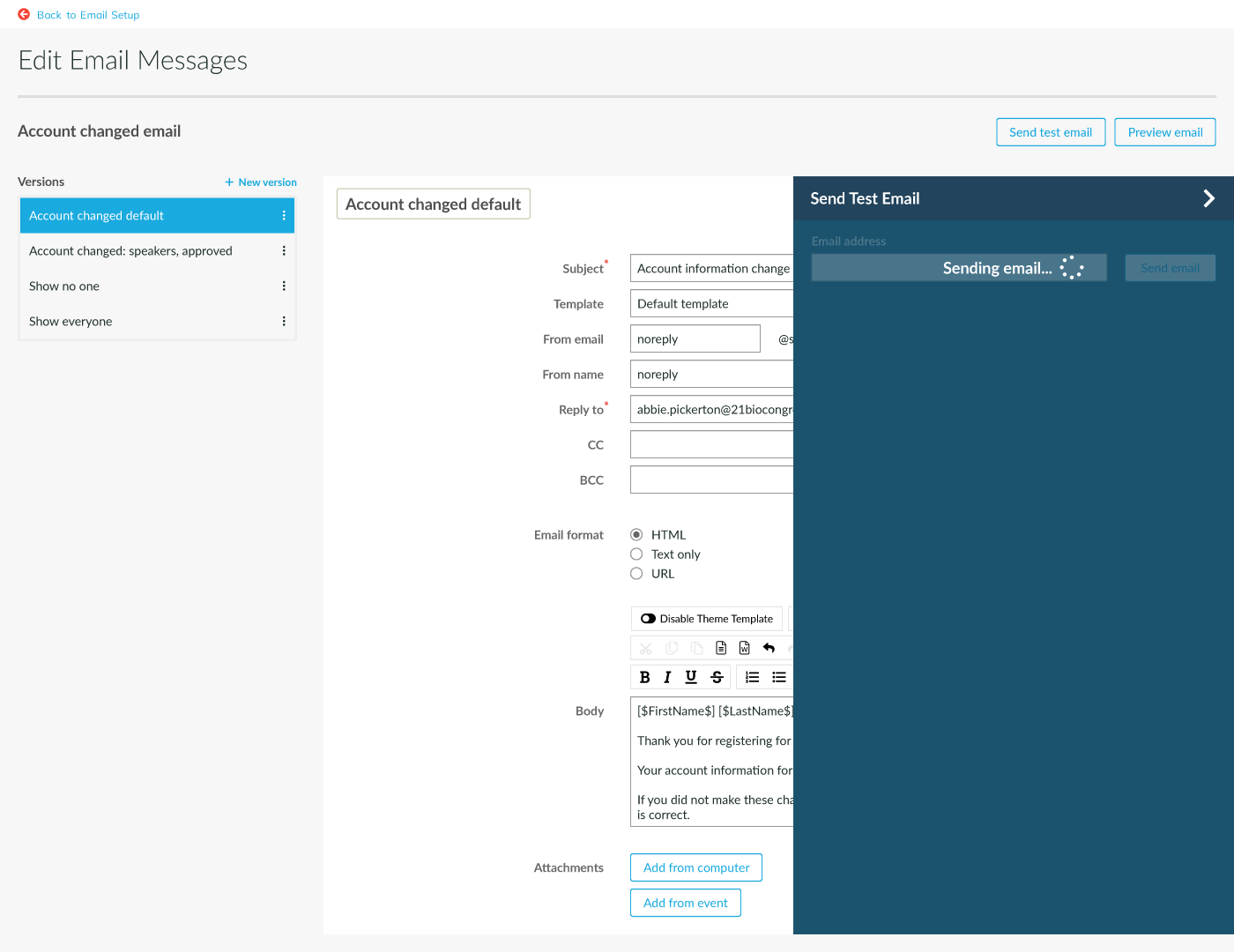 Cvent: Edit automatically generated email message, sending test message flyout