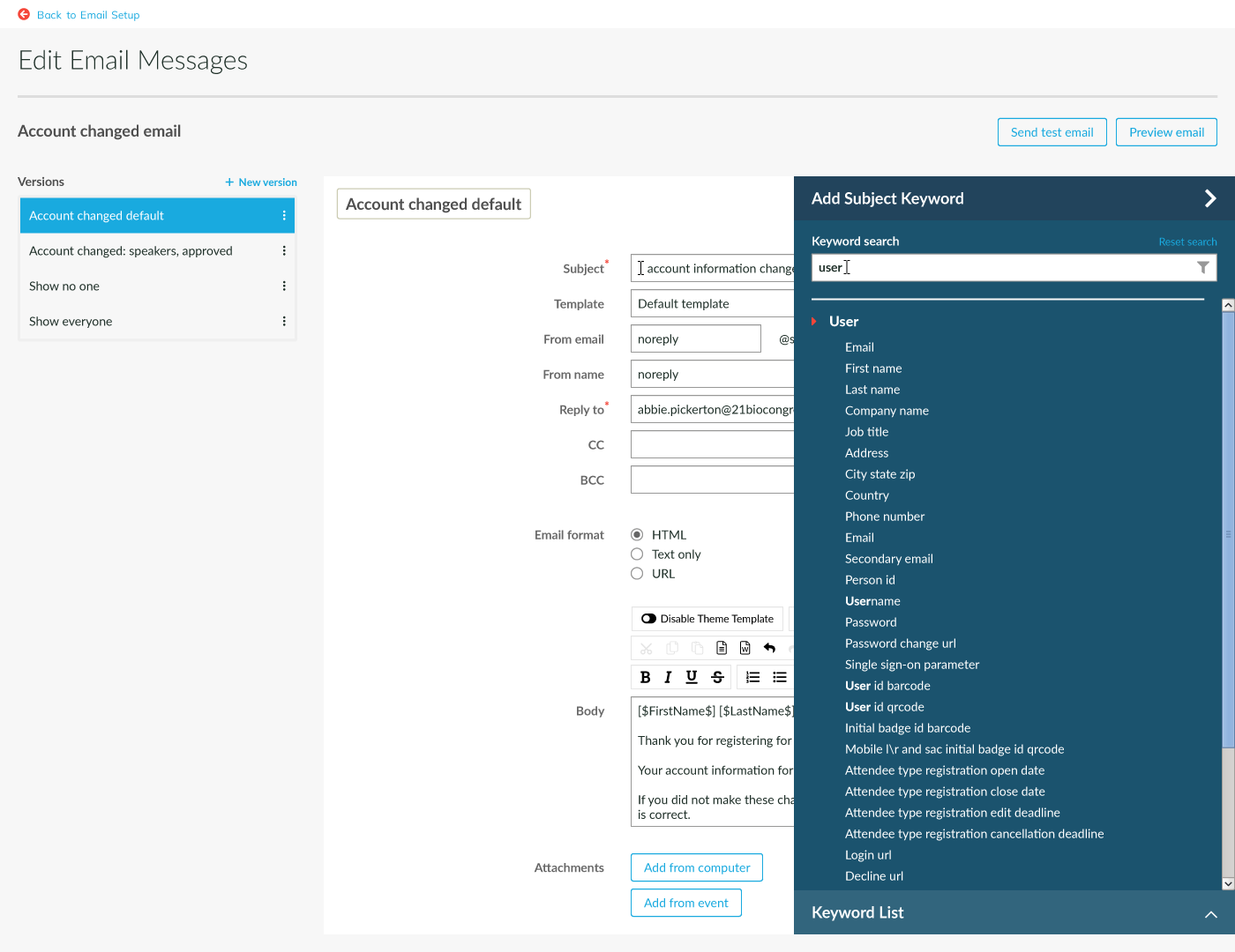 Cvent: Edit automatically generated email message, add keyword flyout