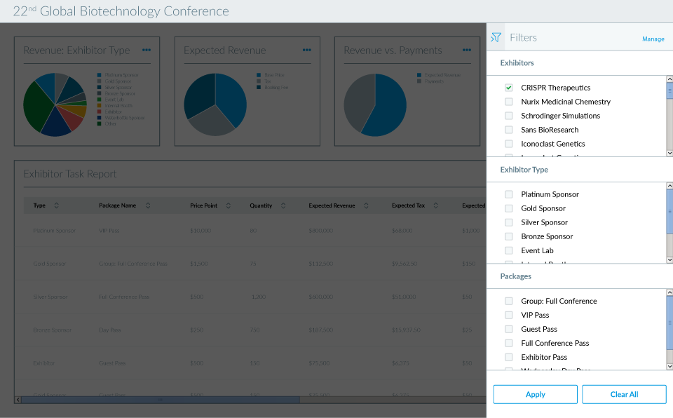 Cvent Data Visualization: Filter overlay for charts and table displaying exhibitor revenue by event