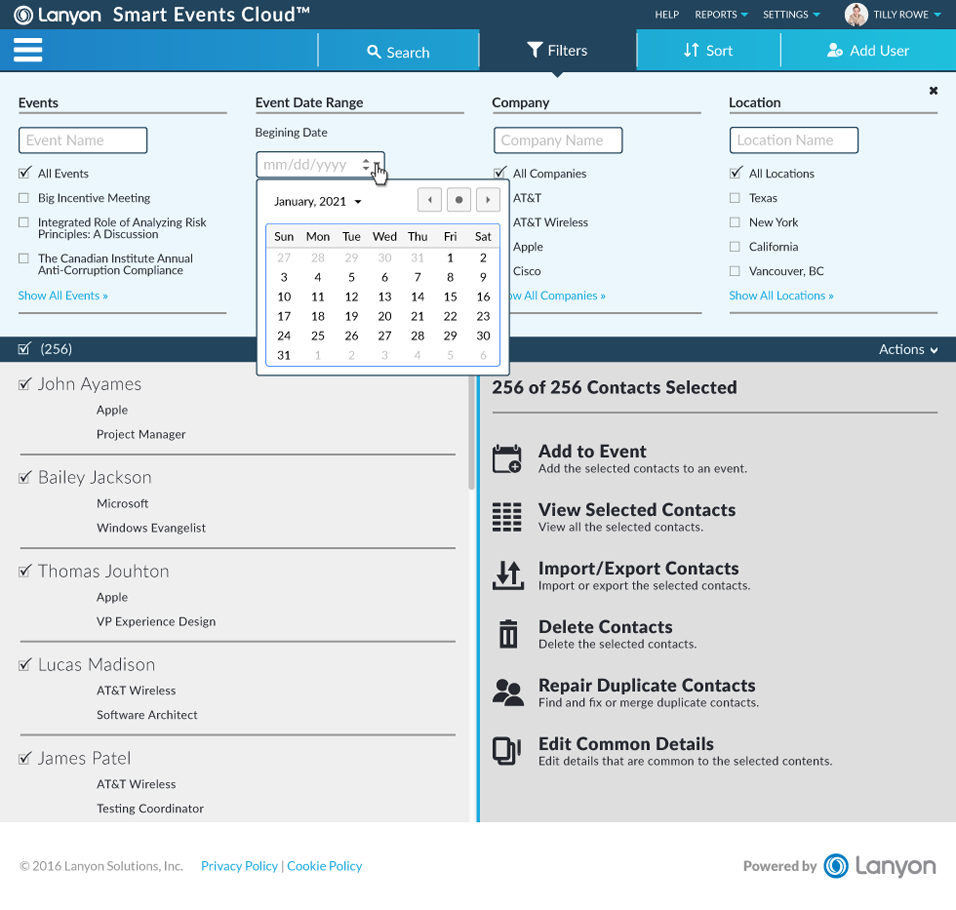 People filters, with calendar expanded
