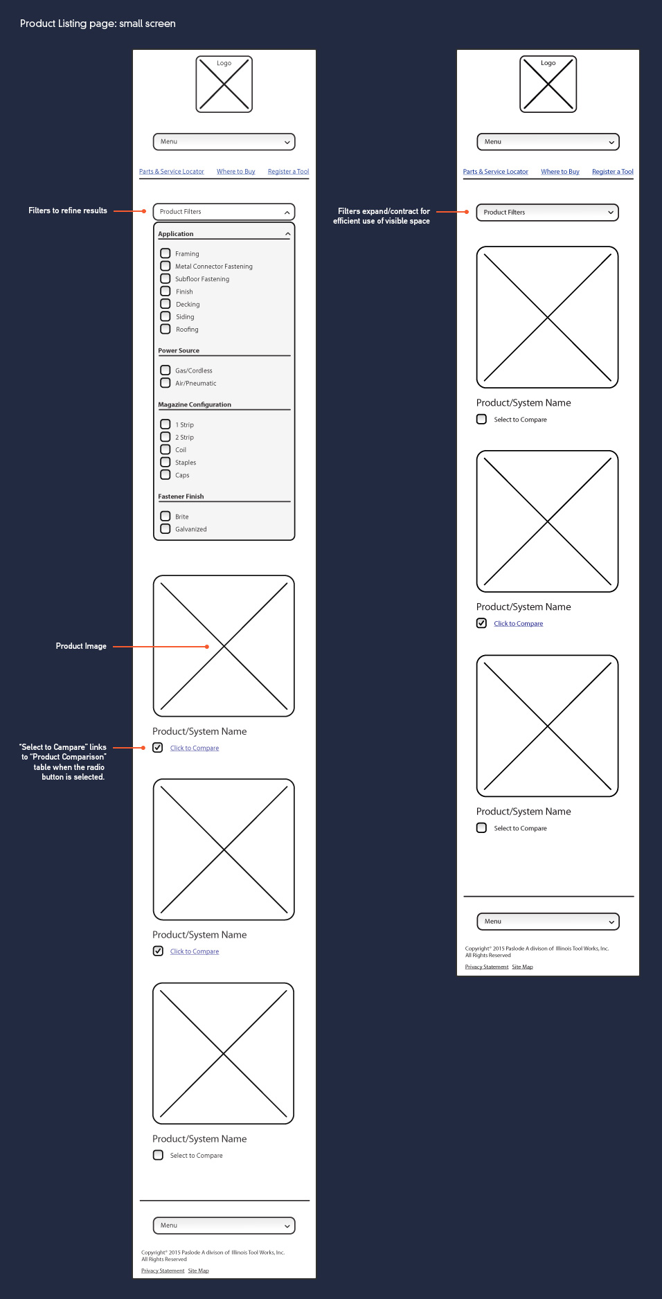 Paslode Website: Products Listing with Faceted Search UX Design for Small Screen