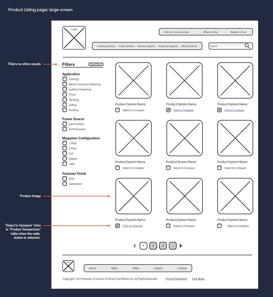 Paslode Website: Products Listing with Faceted Search UX Design for Large Screen