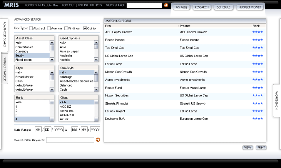 Russell Investments MRIS application: search results - matching profile