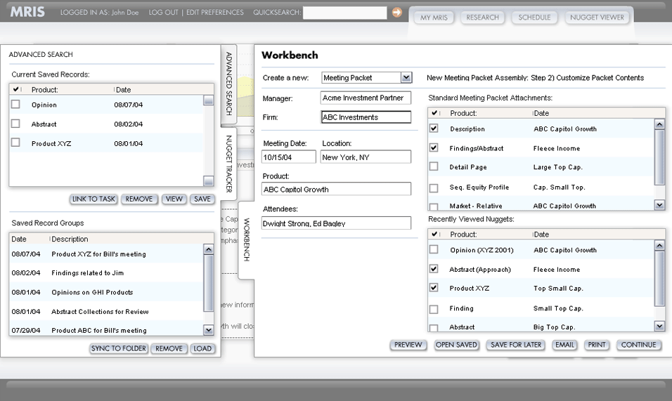 Russell Investments MRIS application: workbench and advanced search