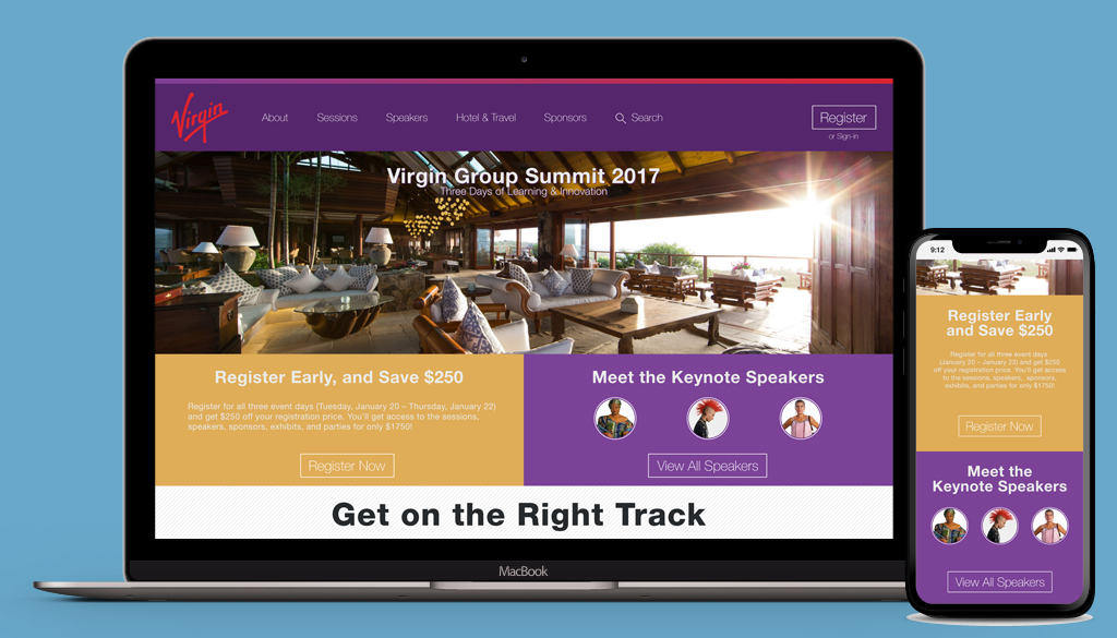 Cvent site builder design examples: Virgin landing page, hero image on laptop and mobile