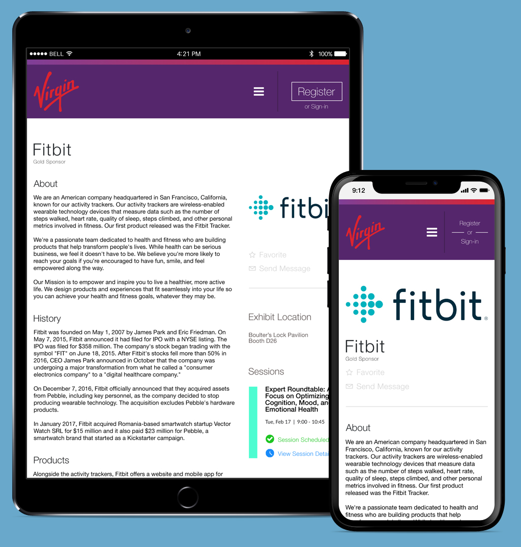 Cvent site builder design examples: Virgin sponsor details on tablet and mobile
