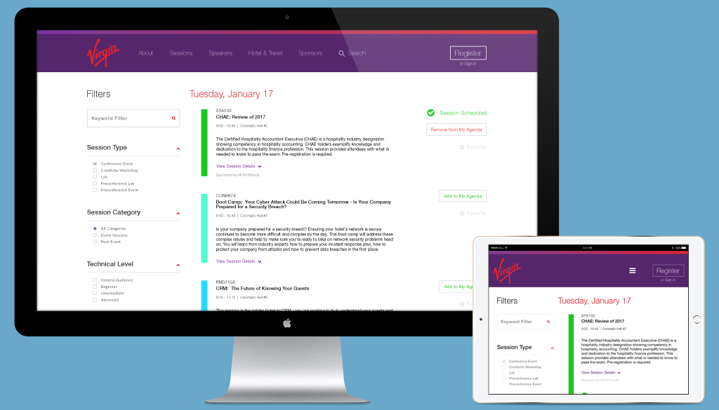 Cvent site builder design examples: Virgin session list on monitor and tablet